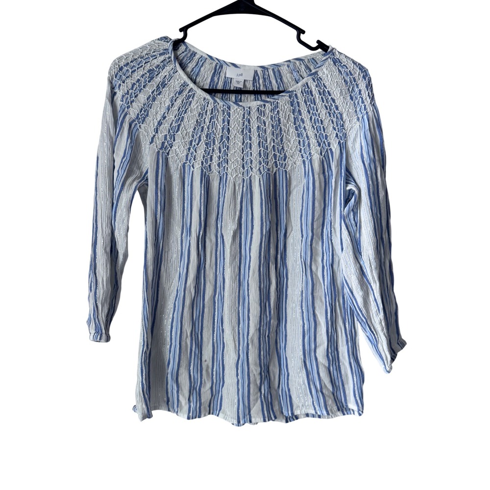 J. Jill Blue White Striped Smocked Yoke Metallic Lurex Blouse Top XS